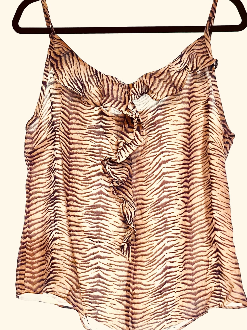 Liz Claiborne Size 14 Beige Tiger Stripe Sleeveless Blouse Tank Top, Ruffle Cami